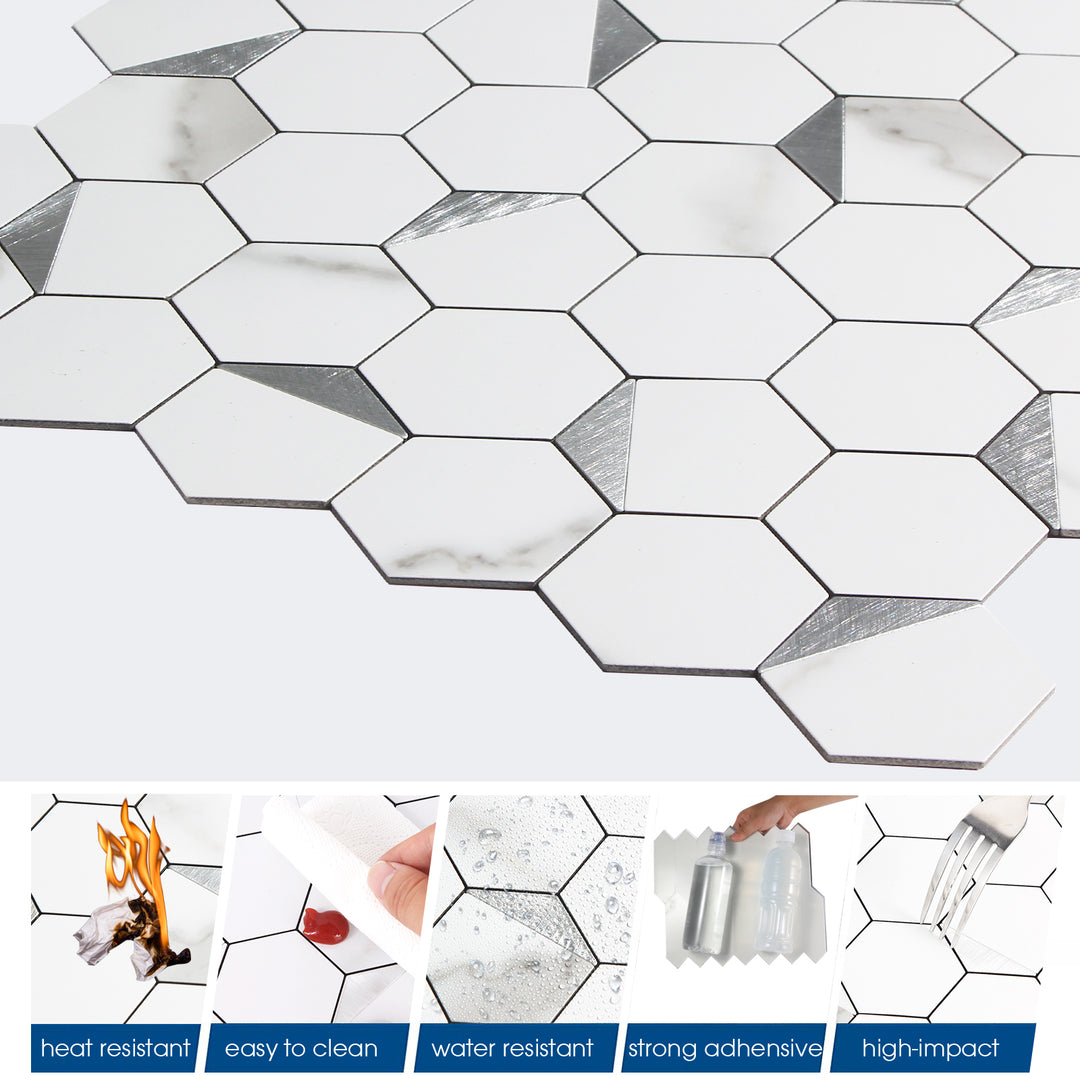 12" x 12" Hexagon Peel and Stick Backsplash Tile Marble White Mixed Silver