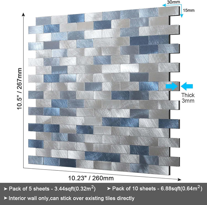 10 sq.ft Blue Peel and Stick Backsplash Kitchen Backsplash Tile Metal Wall Tiles