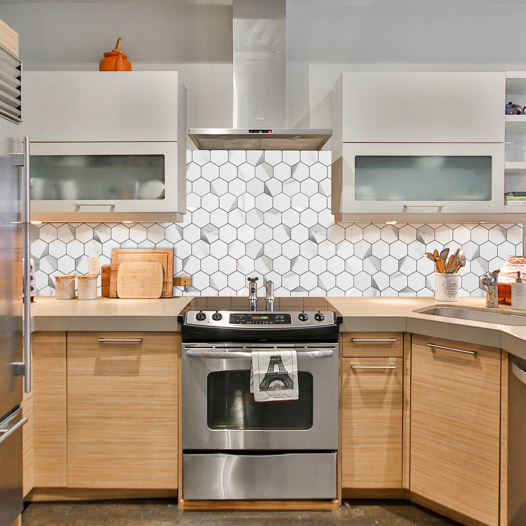 12" x 12" Hexagon Peel and Stick Backsplash Tile Marble White Mixed Silver