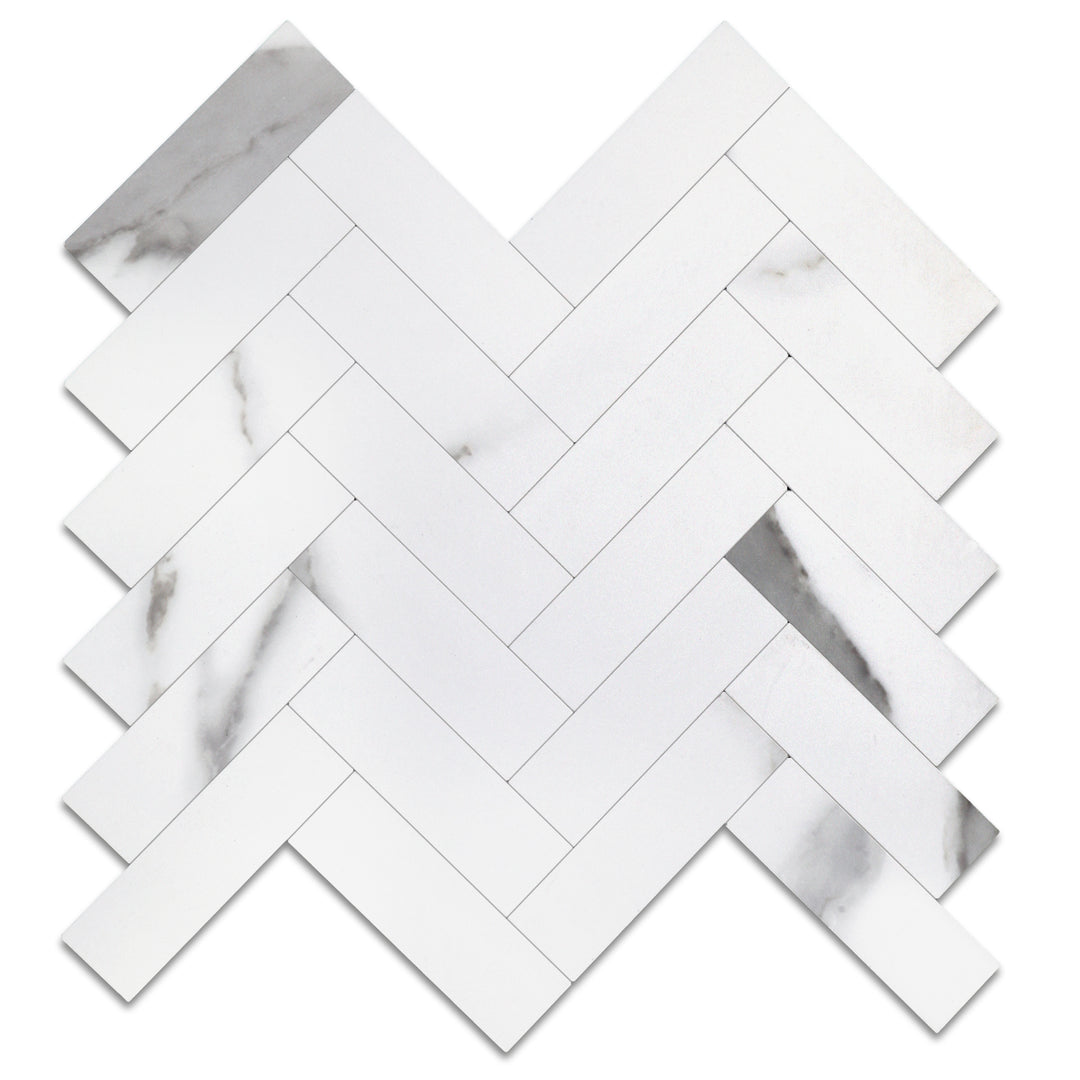 white marble herringbone tile