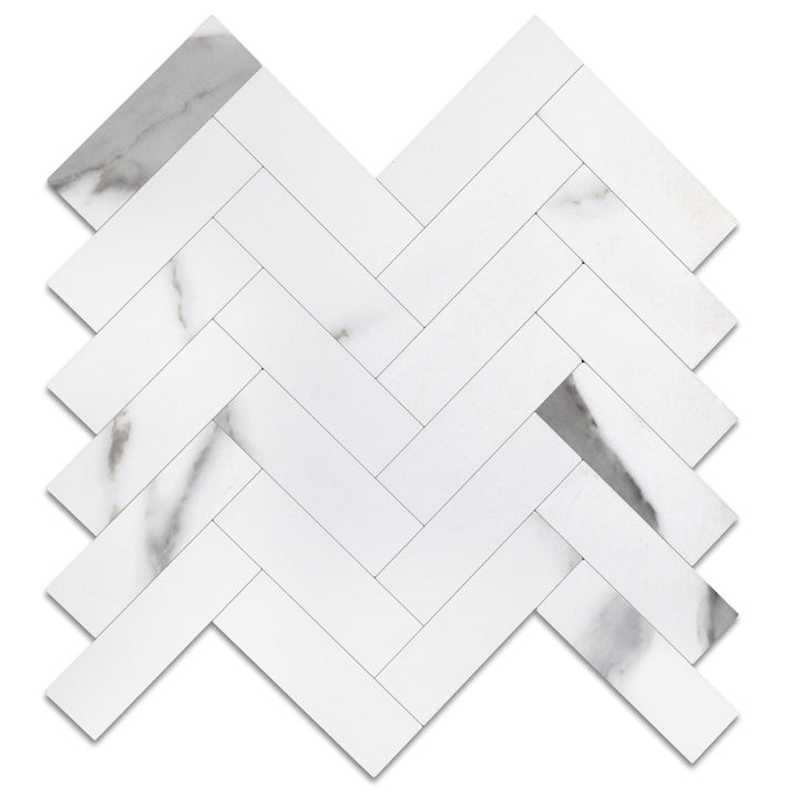 white marble herringbone tile