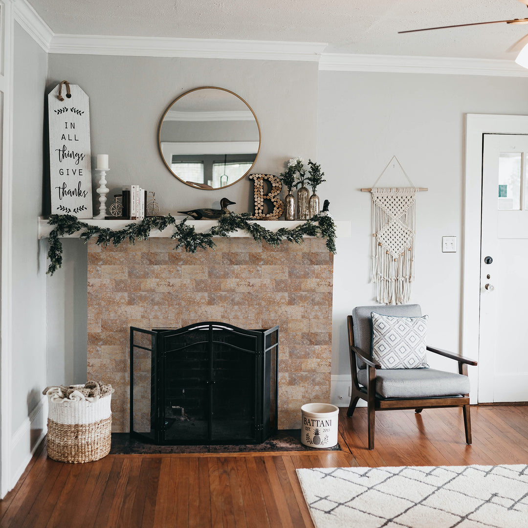 Subway tile stick on fireplace