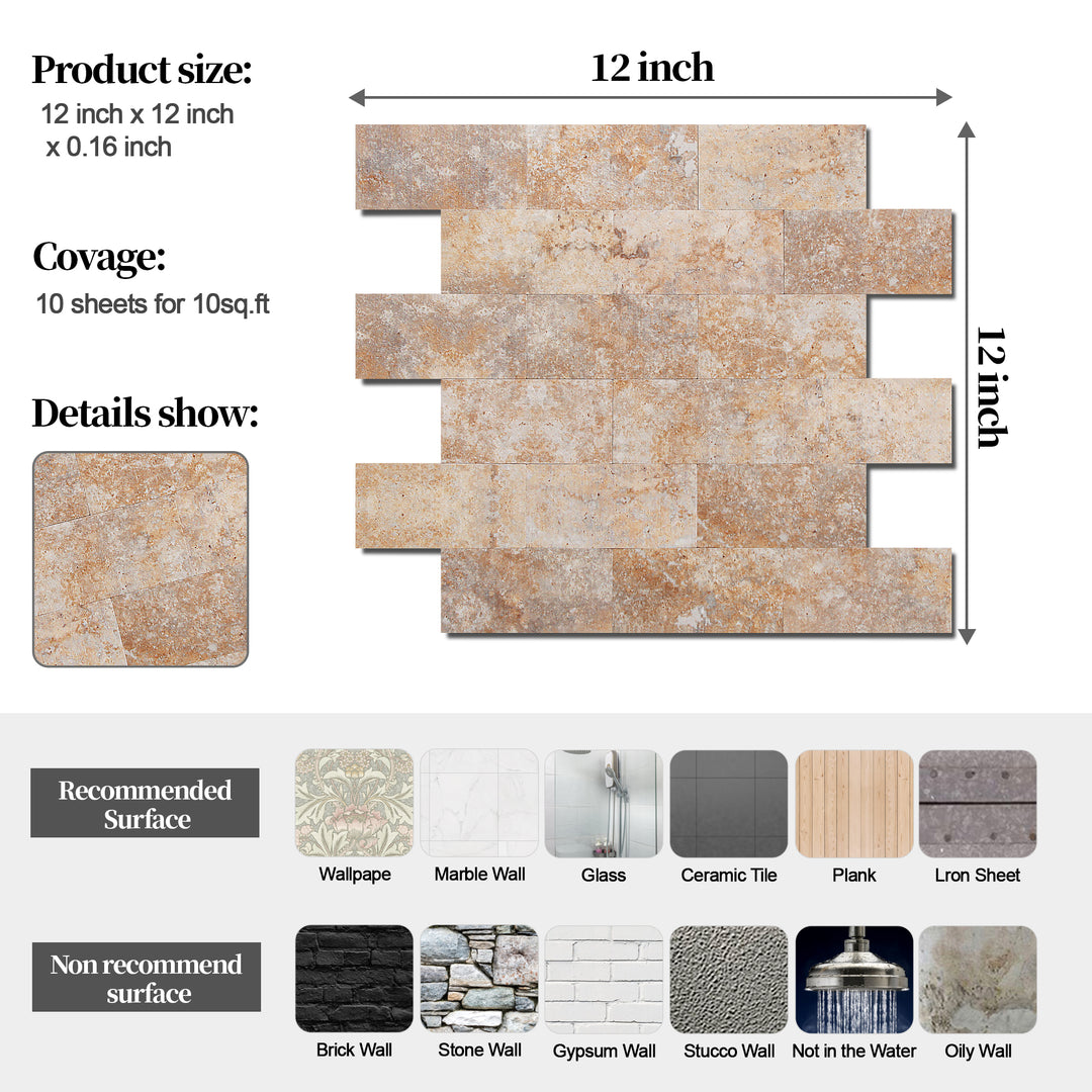 10 sq.ft Tawny Sandstone Peel and Stick Backsplash Subway Tile