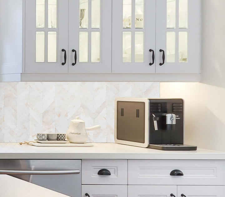 Herringbone stone backsplash kitchen in Beige Yellow feature image