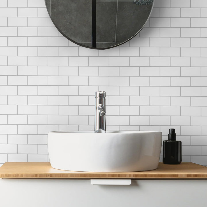 painted subway  backsplash tiles for kitchen in White with Gray Grout lifestyle image