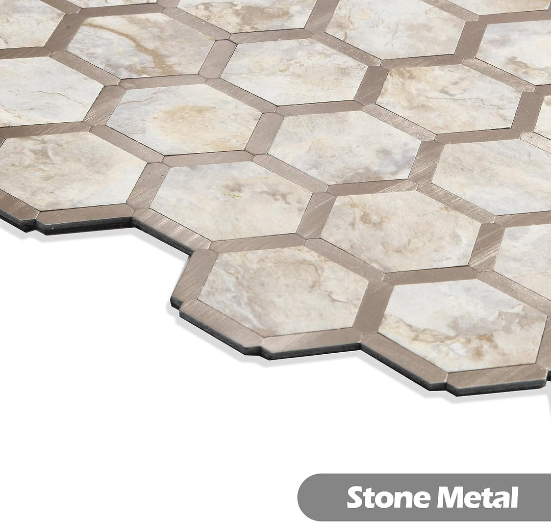 Hexagon metal stone blend  peel and stick tiles in Ecru with Gold detail image